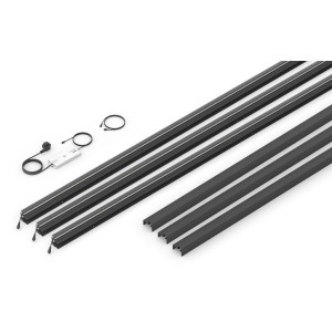 LyghtUp LED-Zaunbeleuchtung, 3 anthrazitfarbene Leisten, Netzteil und Adapter für Außenbeleuchtung.