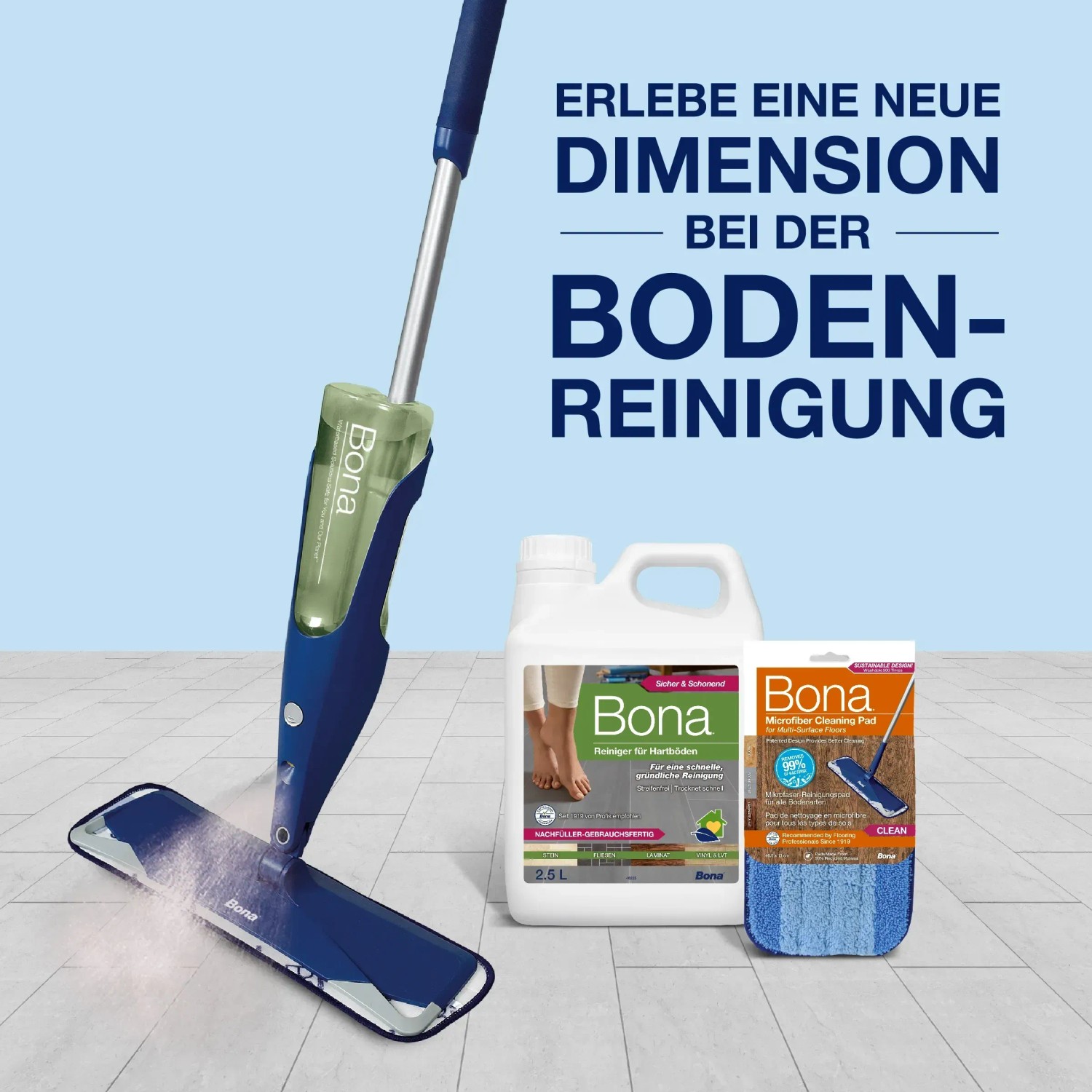 Bona Reiniger Kartusche mit Spray Mop, Reinigerflasche und Reinigungspad für Stein-, Fliesen- und Laminatböden.