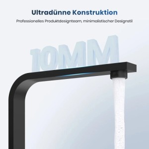 Schwarze, matte Emke Küchenarmatur mit ultradünnem 10mm Auslauf und fließendem Wasser. Moderner Einhebelmischer aus Edelstahl.
