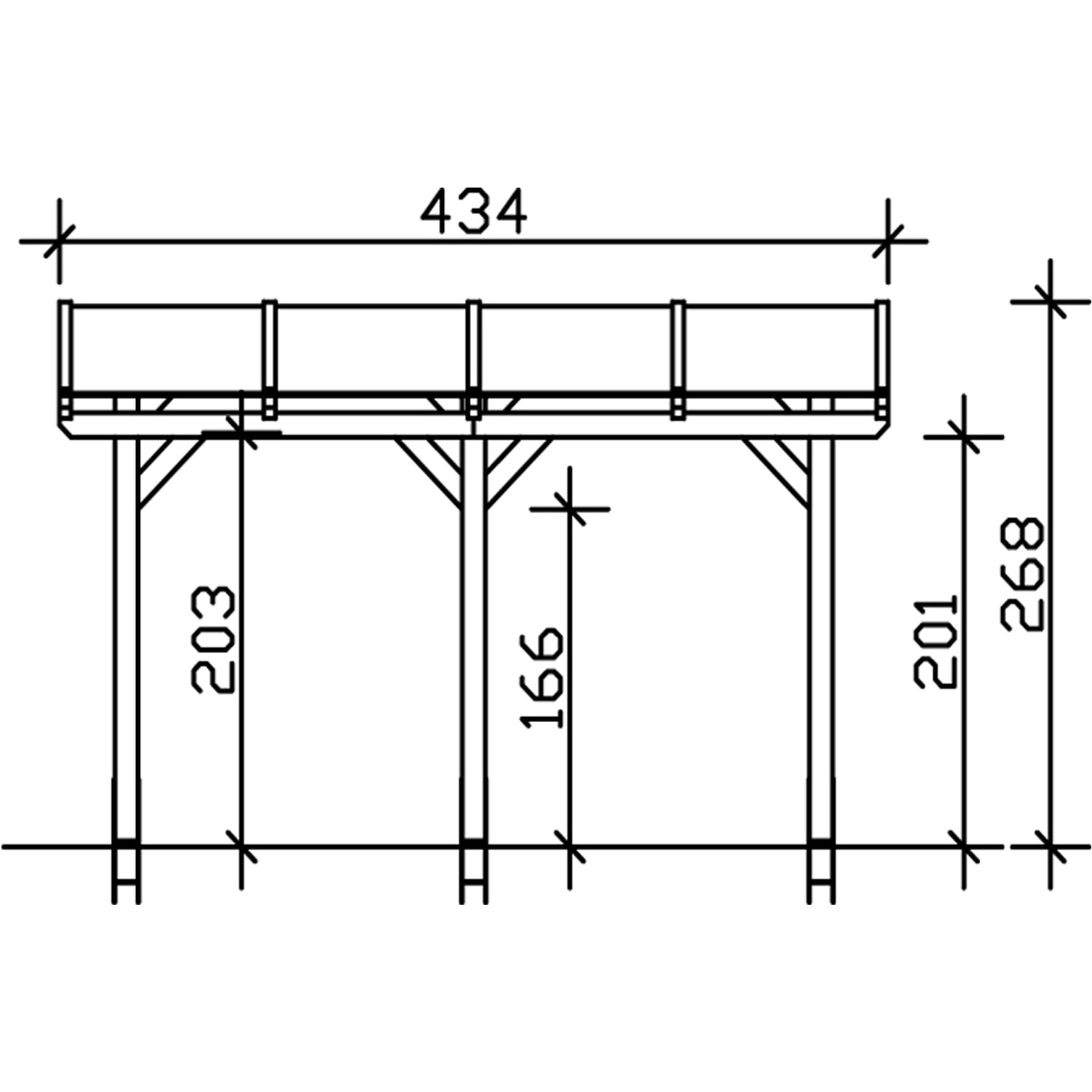 Technische Zeichnung der weißen Skan Holz Terrassenüberdachung Siena mit Maßangaben.