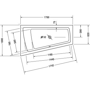 Technische Zeichnung der weißen Duravit Paiova Eckbadewanne 170x100 cm, Einbauversion links.