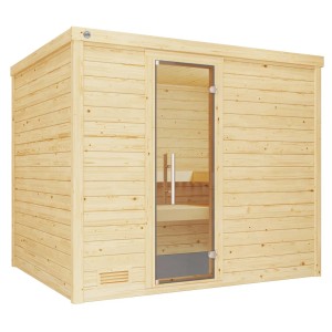 Weka Massivholzsauna Bergen 3 Sparset mit Glastür und 9 kW Ofen, Fichtenholz natur