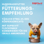 Hund in gelbem Pullover vor Fütterungsempfehlung für Supravit Nassfutter mit Pferd. Leere Futterschale.
