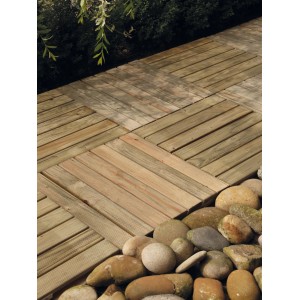 Verlegte, grüne Holzfliesen aus Nadelholz (50x50 cm) im Außenbereich, kombiniert mit Zierkies.