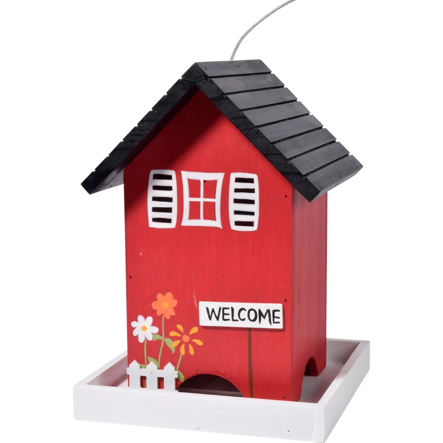 Rotes Dobar Vogelhaus Ambiente mit schwarzem Dach und "Welcome" Schild, aus FSC®-Holz.