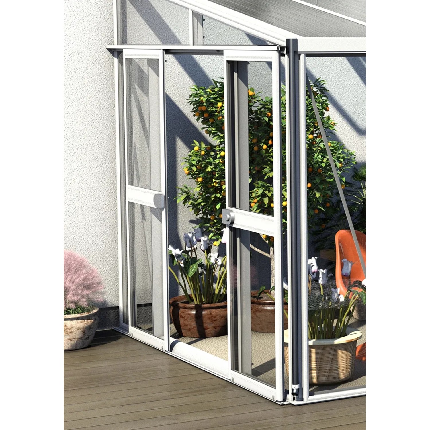Vitavia Doppeltür-Kit für Gewächshaus Athena, weiße ESG-Doppelschiebetür mit Pflanzen.