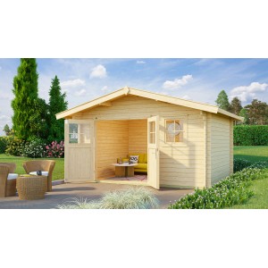 Unbehandeltes Weka Holz-Gartenhaus Verona mit Satteldach, 380x370 cm, mit geöffneten Türen.