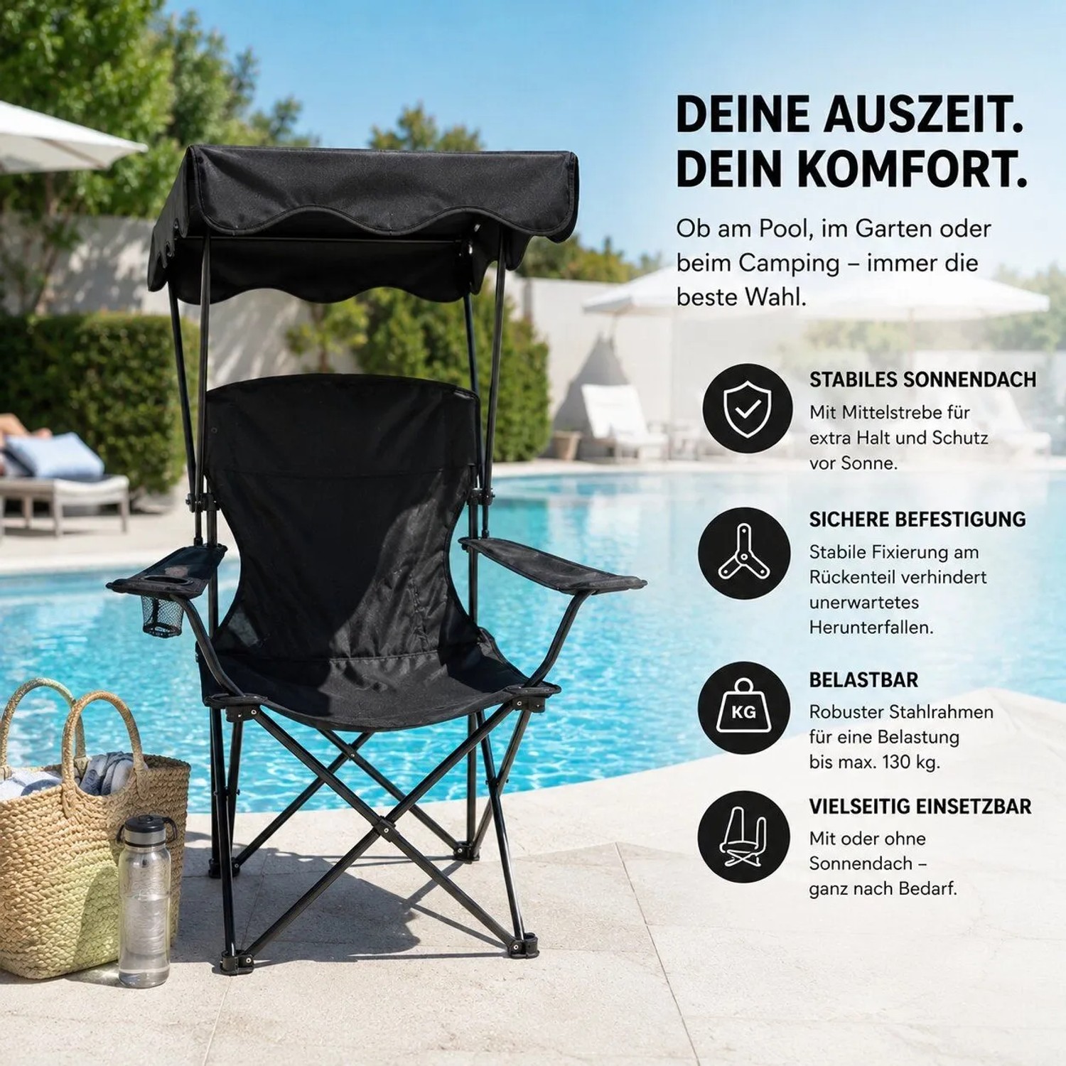 BigDean Campingstuhl Mit Sonnenschutz Schwarz Faltbarer Campingstuhl Mit Sonnendach Getränkehalter Und Tragetasche Klappstuhl Mit Dach Anglersessel
