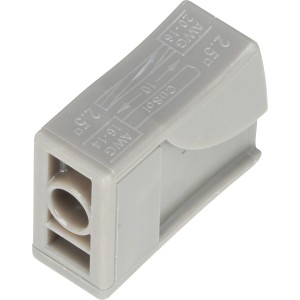 Detailaufnahme einer grau-beigen Leuchtenklemme aus dem 17-teiligen Umrüst-Set für Halogenlampen GU10.