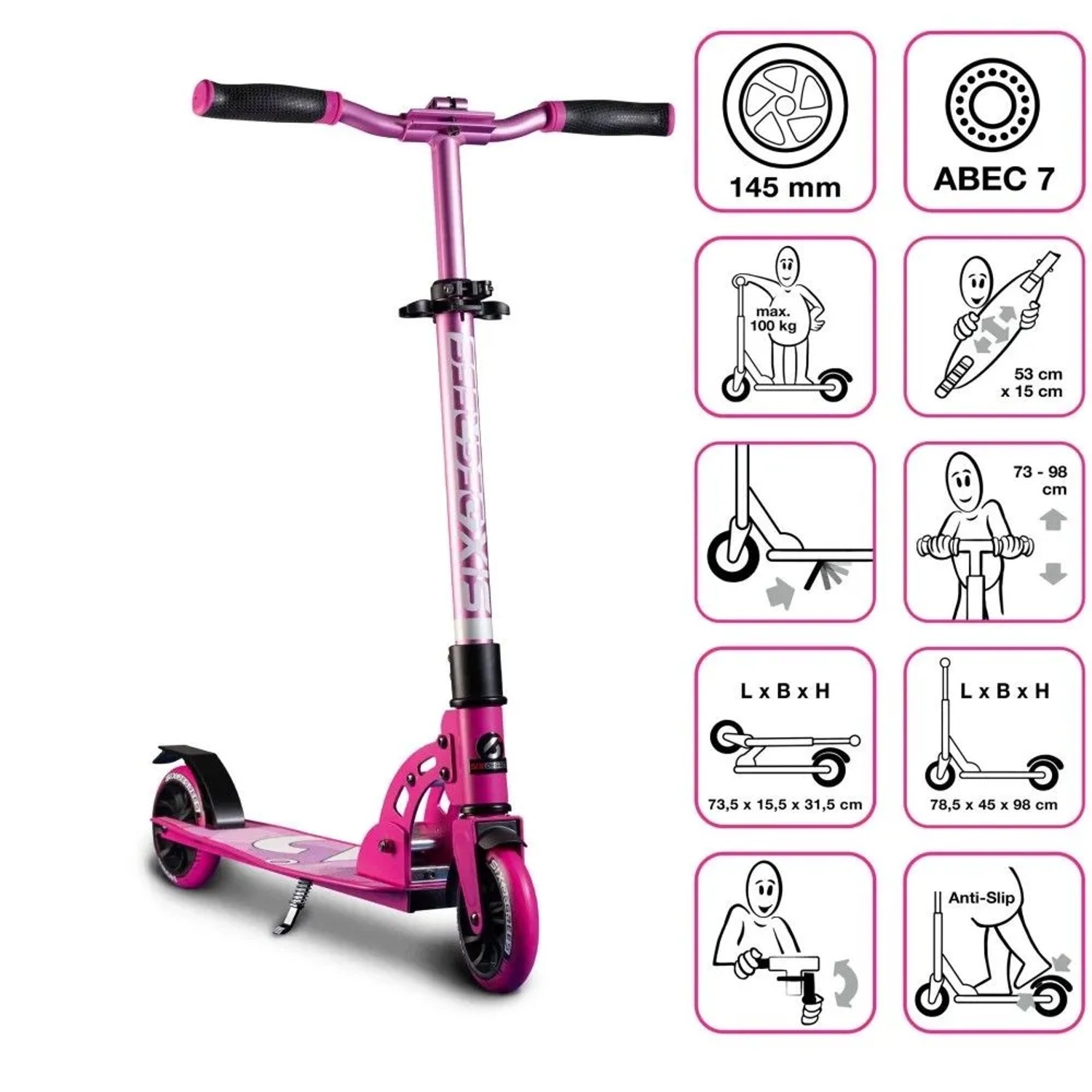 Pinker Six Degrees Aluminium Scooter Junior, klappbar, Ständer, 145 mm Räder, höhenverstellbar, GS-geprüft.