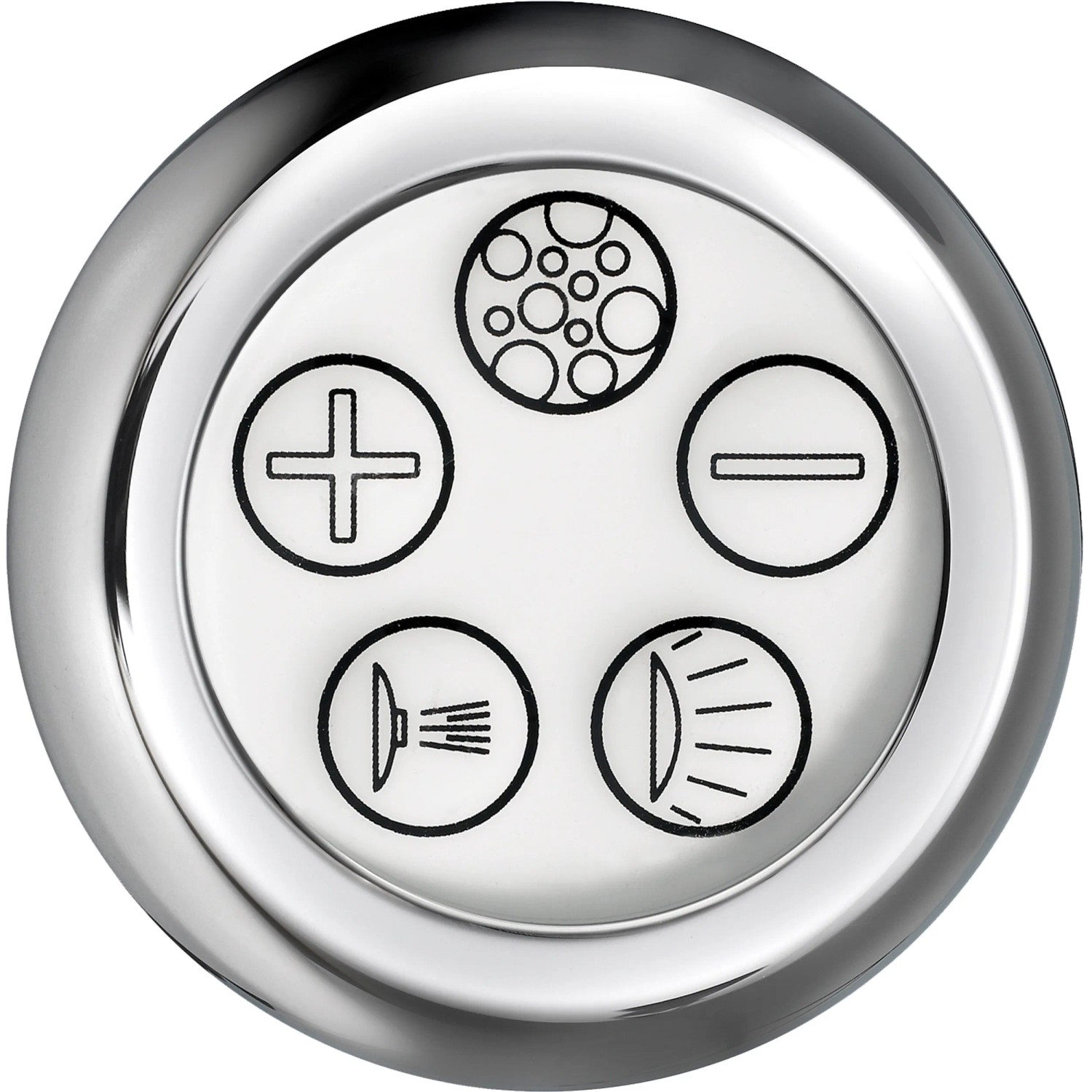 Nahaufnahme der Bedienelemente eines Ottofond Galia II Whirlpools mit Chromrand.