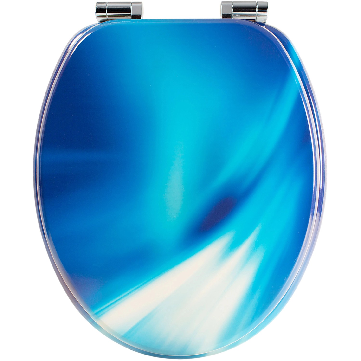 Sanfino WC-Sitz Wave: Toilettendeckel aus Holz mit blauem Wellenmuster und Absenkautomatik.