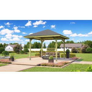 Weka Gartenlaube Paradies, 333x333 cm, Holzpavillon mit grauem Dach im Garten.