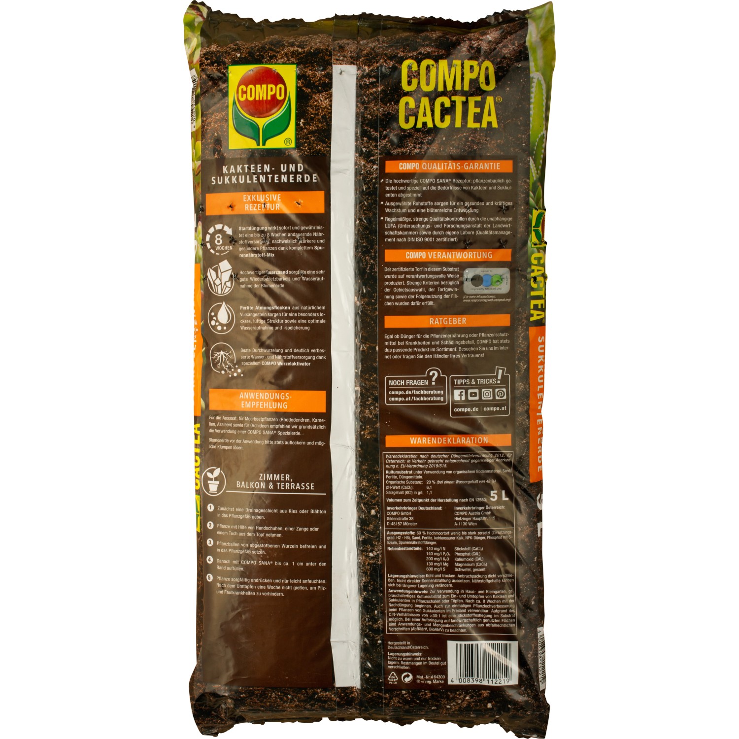 Sack Compo Cactea Kakteen- und Sukkulentenerde, 5 Liter. Spezialerde für Kakteen und Sukkulenten.