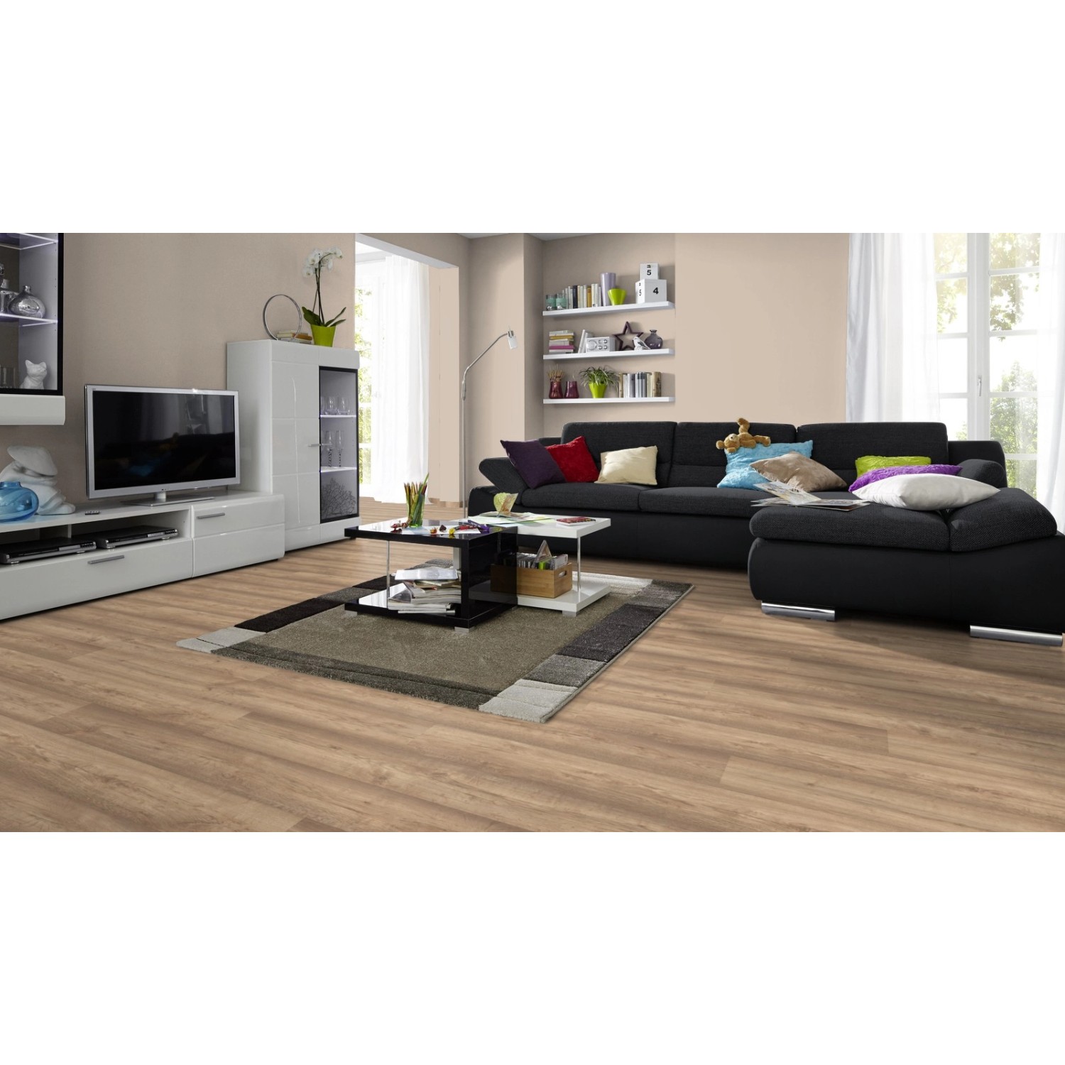 Wohnraum mit Laminatboden Excellent Eiche Dartmoor Altholzstruktur 8 mm.