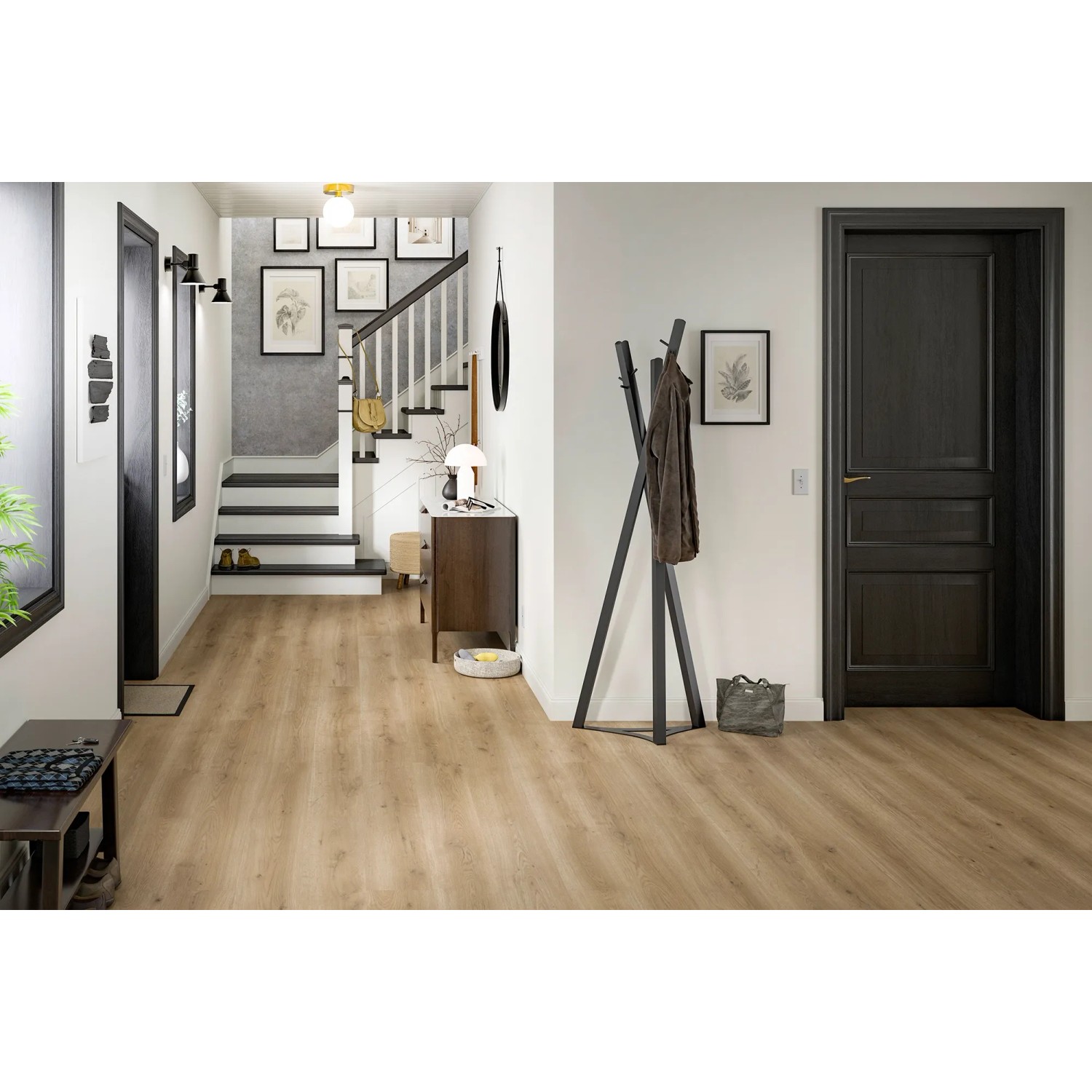 Egger Aquadura+ Hybridboden Messina Eiche Natur im verlegten Zustand in einem Flur mit Treppe.