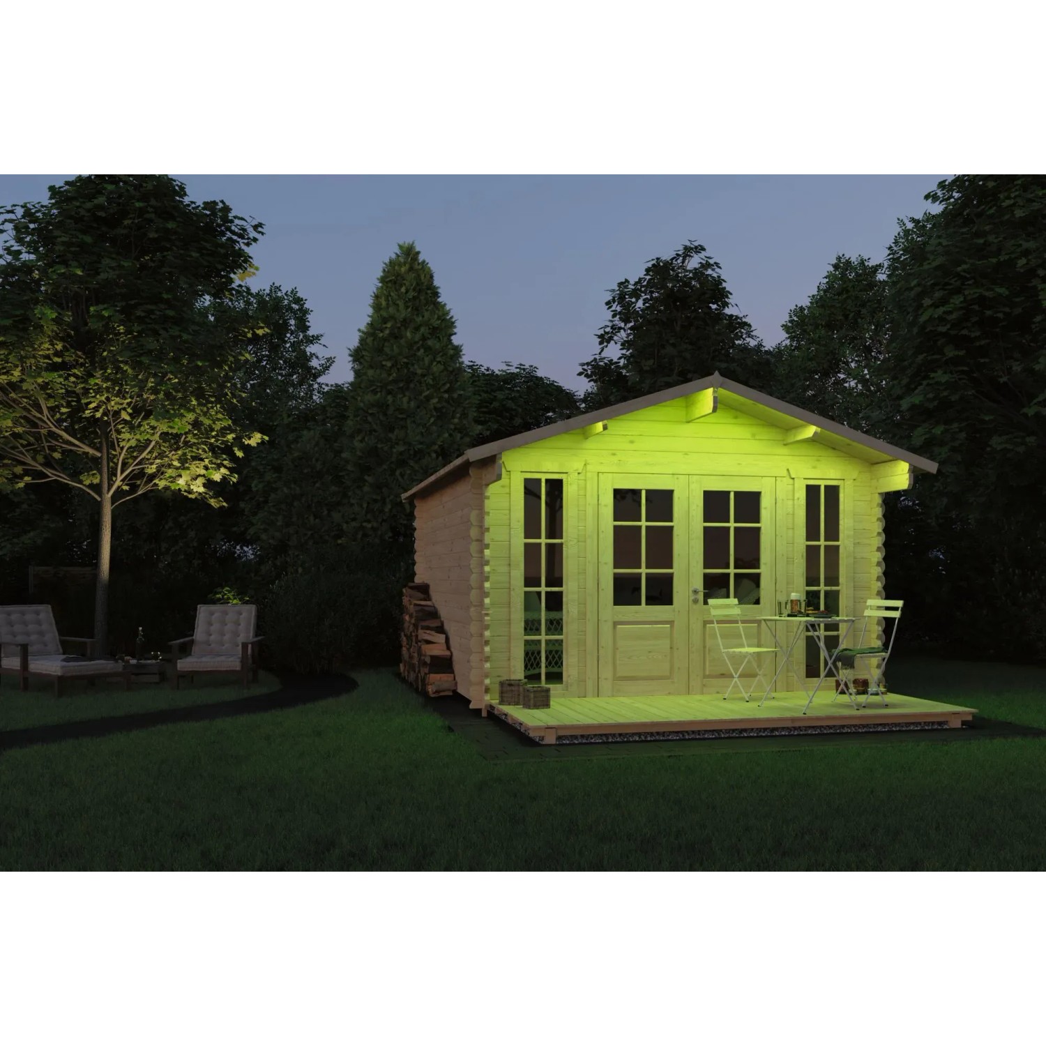 Beleuchtetes Gartenhaus mit Paulmann SimpLED LED Strip Outdoor RGB, 3 m, transparent.