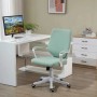Mintgrüner ergonomischer Bürostuhl mit Lendenwirbelstütze, höhenverstellbar, 360°-Drehräder im Büro.