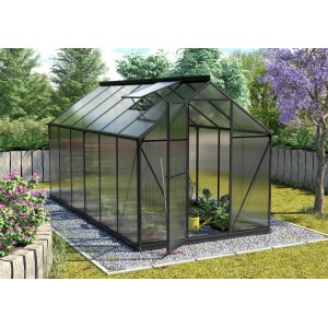 Schwarzes Vitavia Gewächshaus Triton 7500 mit geöffneter Tür und Zubehör-Set im Garten.