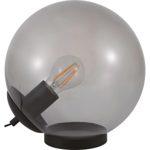 Graue Design-Tischleuchte mit Rauchglas-Schirm und schwarzem Metallfuß, 25,5 cm hoch.