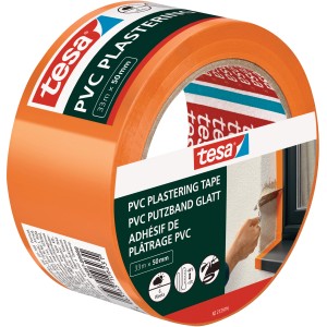 Orangefarbenes Tesa PVC Putzband, 33m x 50mm, für den Außenbereich.
