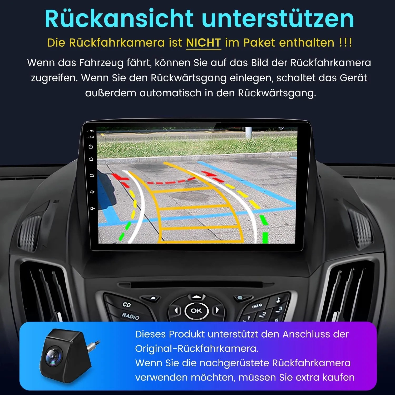 Junsun Autoradio für Ford Escape zeigt Rückfahrkamera-Bild mit farbigen Parklinien. Ideal für sicheres Einparken.