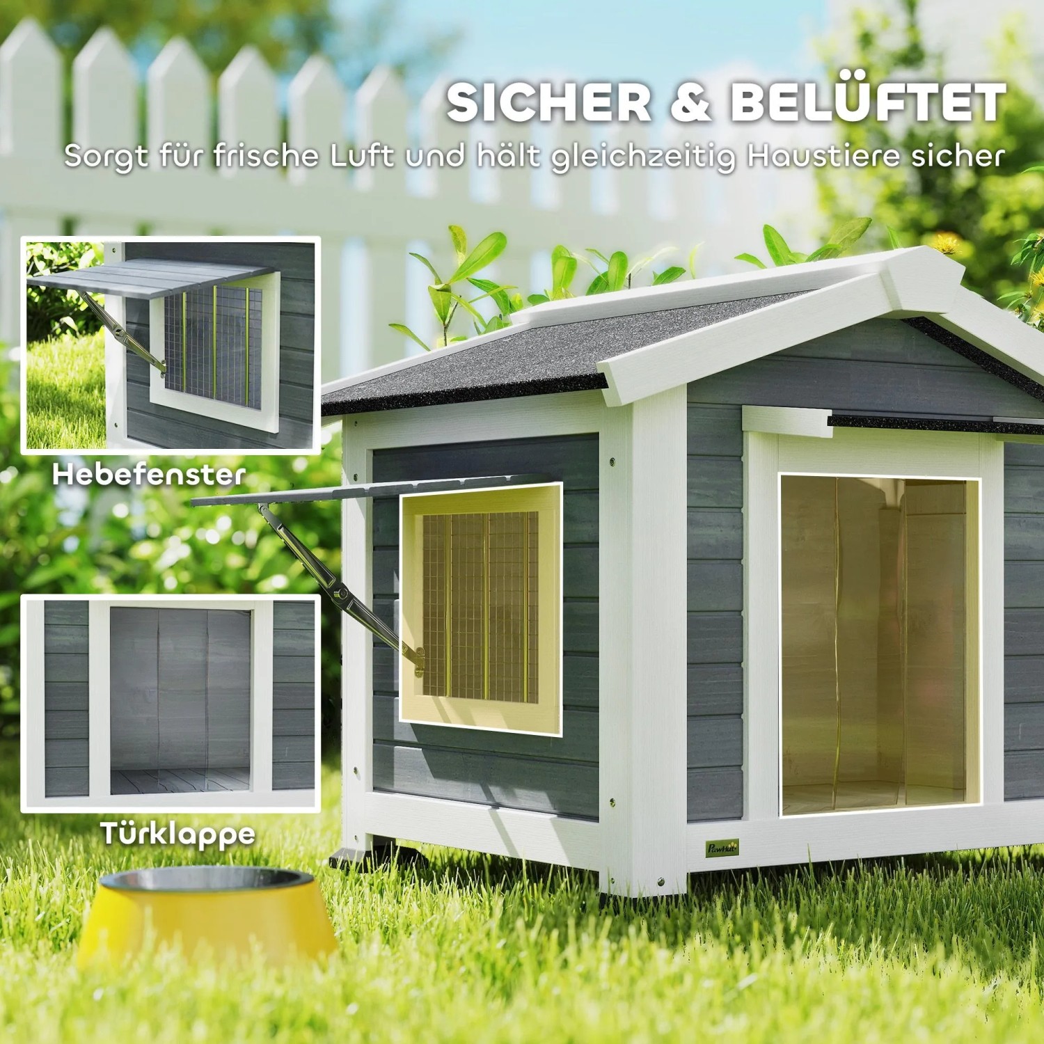 Grau-weiße PawHut Hundehütte aus Tannenholz im Garten, mit Hebefenster und Türklappe für Belüftung. Outdoor-Hundezwinger.