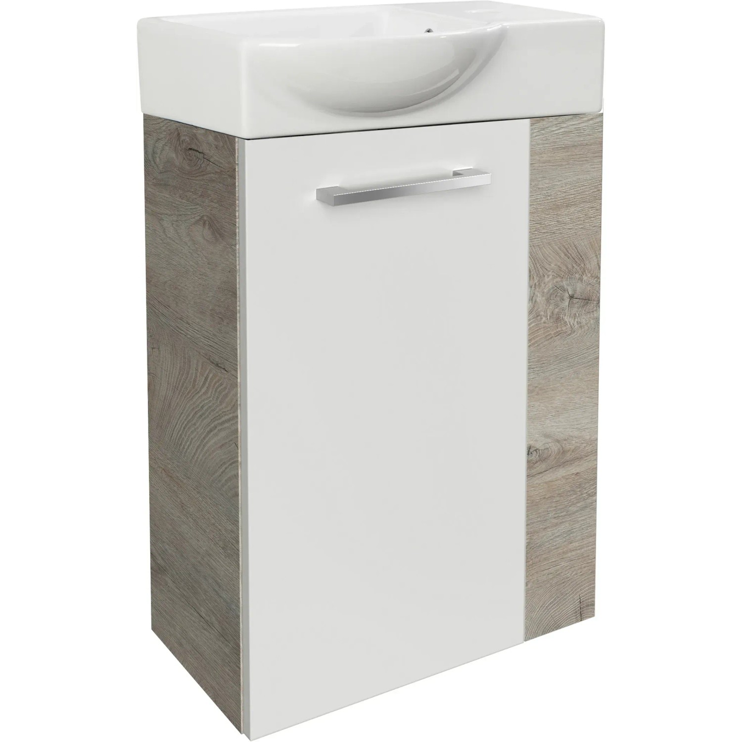 Fackelmann Waschbeckenunterschrank SBC Eiche Natur, 44 cm breit, mit weißer Tür und Griff.