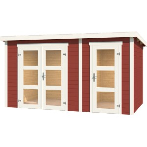 Lasita Holz-Gartenhaus Zambezi XL in Schwedenrot mit zwei Türen und Fenstern.