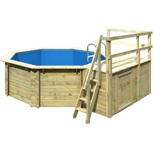 Karibu Holzpool Set mit zwei Sonnenterrassen und Leiter. Pool mit blauer Folie.