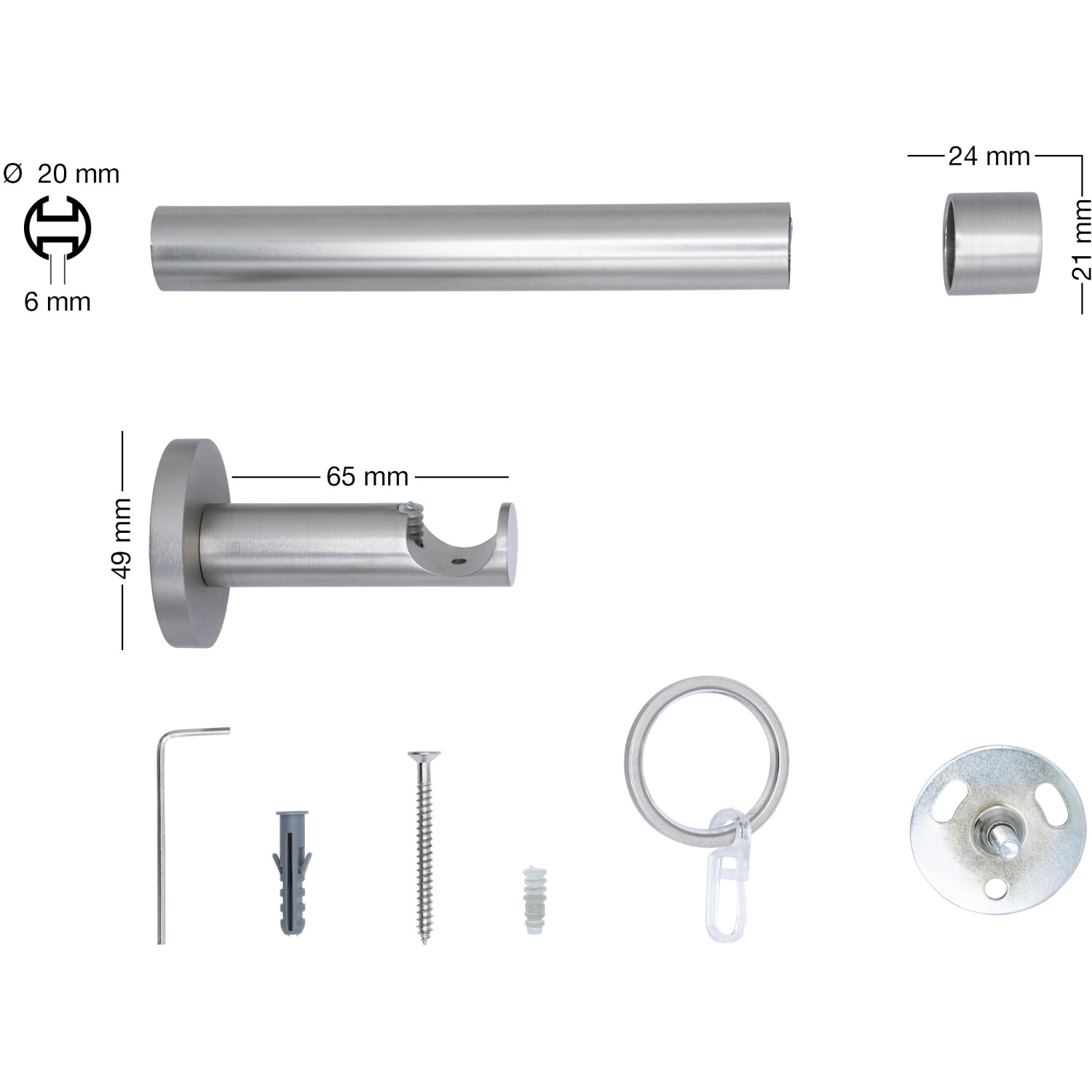 Mydeco Gardinenstange Edelstahl, 20mm Ø, 100cm, mit Endstück Cap und Zubehör.