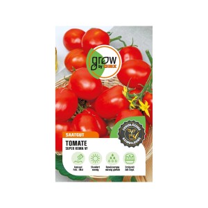 Samenpackung GROW by OBI Tomaten Super Roma VF mit roten, birnenförmigen Tomaten.