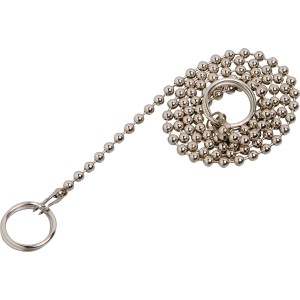 Verchromte Badewannenkette, 50 cm lang, mit Kugeldesign und Befestigungsring.