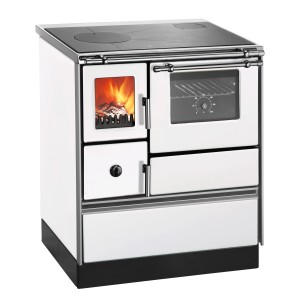 Weißer Festbrennstoffherd K 176 F/A rechts mit Sichtfenster und Backofen.
