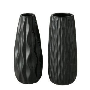Boltze Home Vasen Luana, 2er-Set, schwarz, Ø 10x25 cm. Dekorative Steinzeug Vasen mit Reliefmuster.