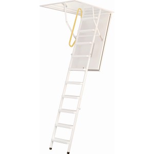 Geöffnete, 3-teilige Minka Bodentreppe Typ 12 Solid mit Zarge und Lukenkasten, weiß.