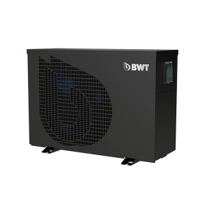 Schwarze BWT Inverter Connect IC 182 Pool Wärmepumpe mit Winterabdeckung und Touchscreen.