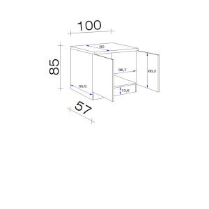 Skizze des Flex-Well Exclusiv Spülenschranks DSPU Lund, 100 cm, in Lichtgrau glänzend und Rauchgrau mit Maßangaben.
