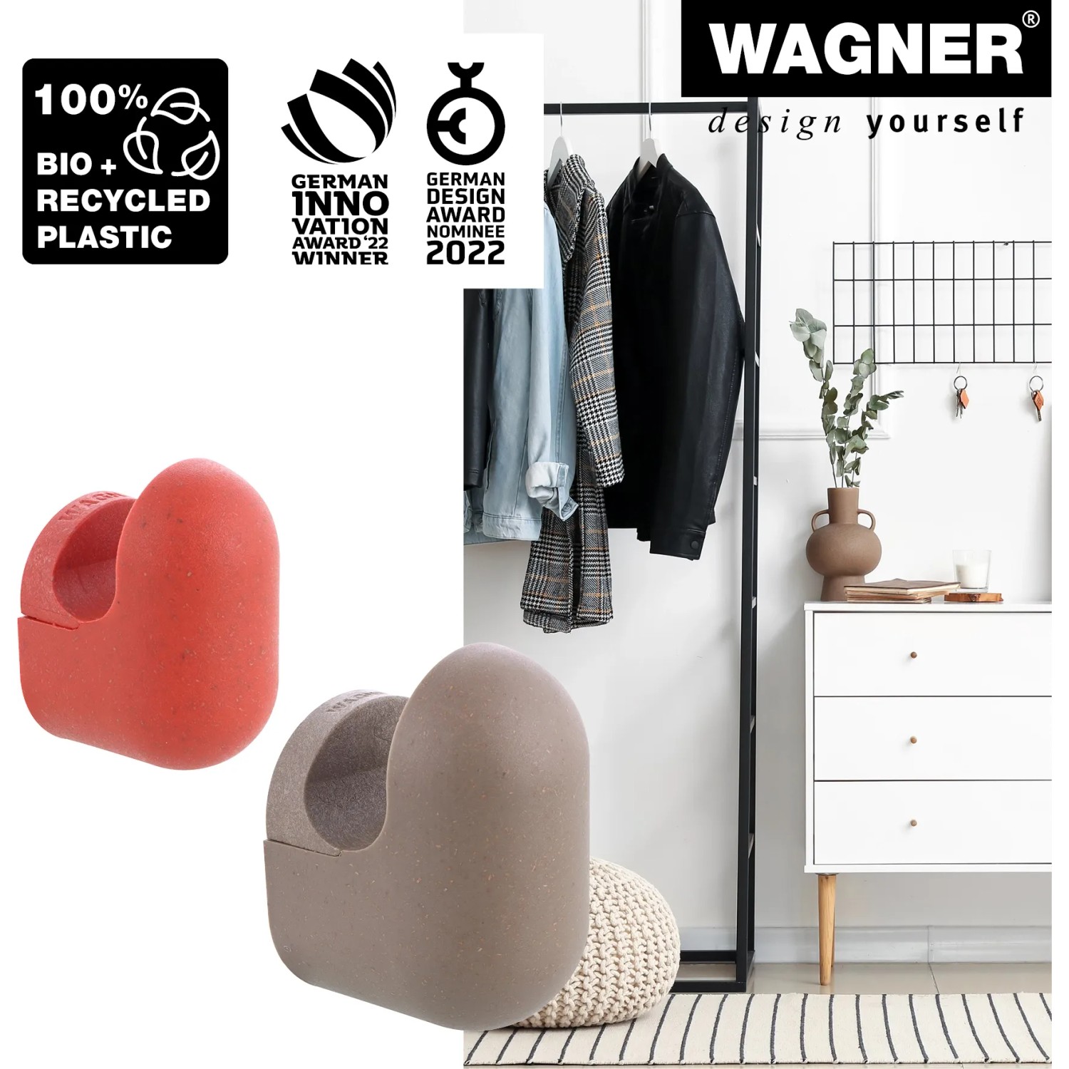 Wagner Wandhaken-Set Pill WH 0421, 4er-Set in Taupe und Korallenrot aus recyceltem Kunststoff.