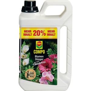 Compo Blumendünger mit Guano, 5 Liter Kanister mit Blumenabbildung.