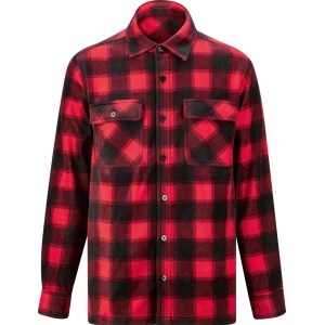 Rot-schwarz kariertes Holzfäller-Fleece-Hemd. Robuste Arbeitsbekleidung mit Brusttaschen, Knöpfen.