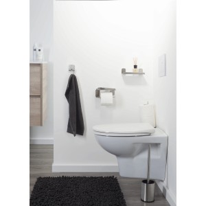 Tiger Toilettenpapierhalter Colar mit Ablage aus gebürstetem Edelstahl im Badezimmer.