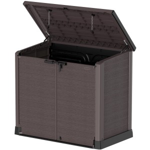 Geöffnete Duramax StoreAway 1200L Universalbox in Braun, ideal zur Aufbewahrung im Garten.