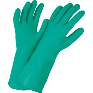 Grüne Haushaltshandschuhe, Größe L, aus Latex zum Schutz der Hände bei der Hausarbeit.