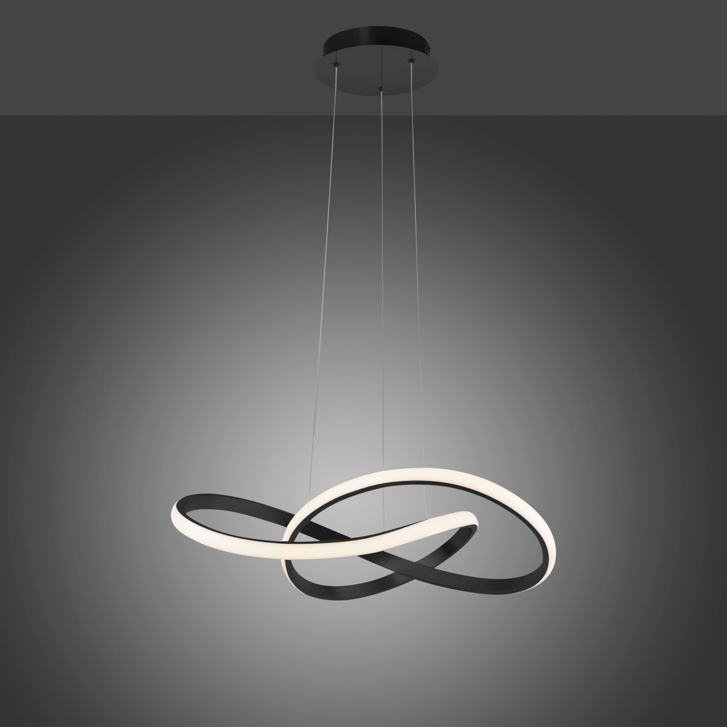 Moderne, schwarze LED-Pendelleuchte Maria mit geschwungenem Design für Wohnräume.