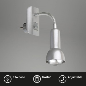 Schwenkbare Briloner Steckerleuchte Paku in Titan. Steckdosenlampe mit Flexarm und Schalter.