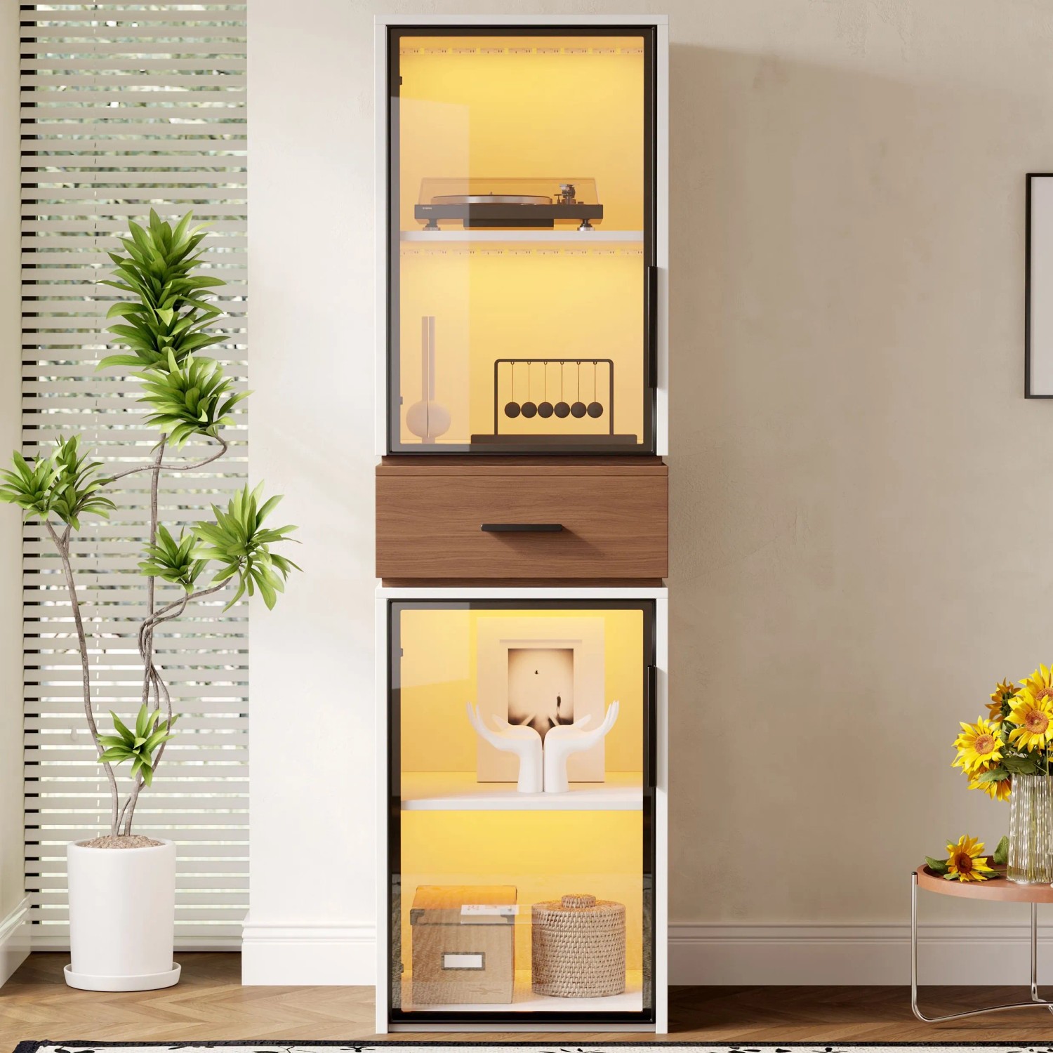 okwish Vitrinenschrank mit LED Beleuchtung Glastüren Wohnzimmer 40x40x200cm Weiß_2