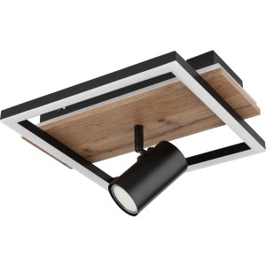 Moderne, 2-flammige LED-Deckenleuchte Kassu in Schwarz matt mit Holzoptik und drehbarem Spot.