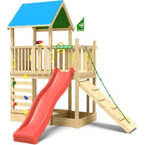 Jungle Gym Spielturm Wonder Holz mit Planendach Kletterrampe Rutsche Rot