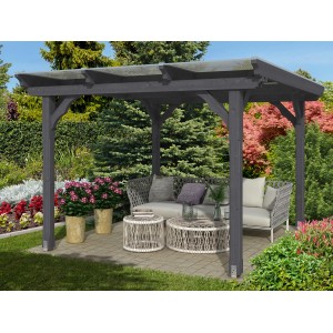 Skan Holz Pavillon Marseille, schiefergrau lasiert, 274x304 cm. Gartenlaube mit Sitzgruppe im Grünen.